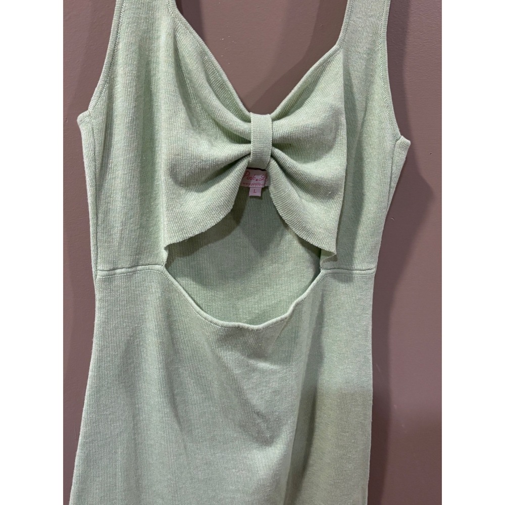 Pink Lily Sage Green Ribbed Knit Bow Front Cutout Midi Dress Size Large - Picture 2 of 5